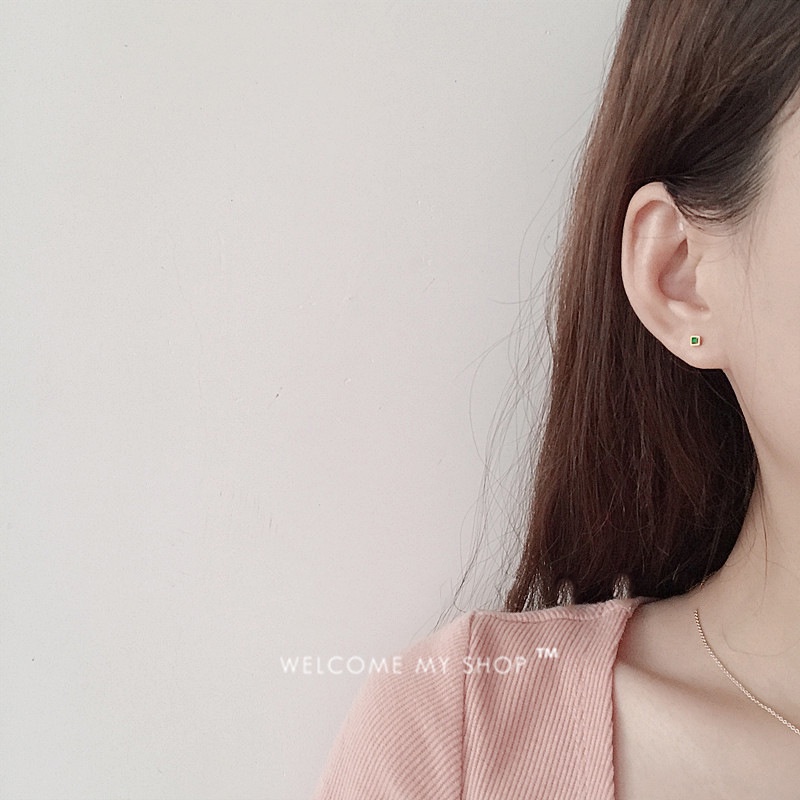 Bông Tai Mạ Bạc 925 Hình Vuông Đính Ngọc Lục Bảo Thiết Kế Đơn Giản