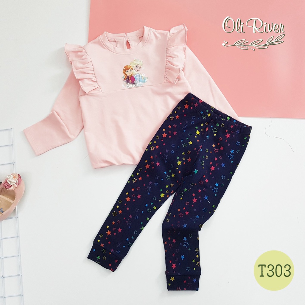 Bộ đồ nỉ da cá Elsa hồng vai bèo quần sao bé gái thu đông 2021 Oliriver chính hãng - Misolkids