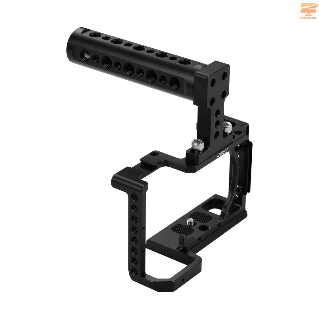 Andoer Professional Photography Camera Cage Kit Aluminum Alloy Camera Case Bracket with 1/4" 3/8" Extension Thread Holes Cold Shoe Mount Metal Handle Mini Wrench Compatible with Sony A6600,A6500,A6400,A6300,A6000