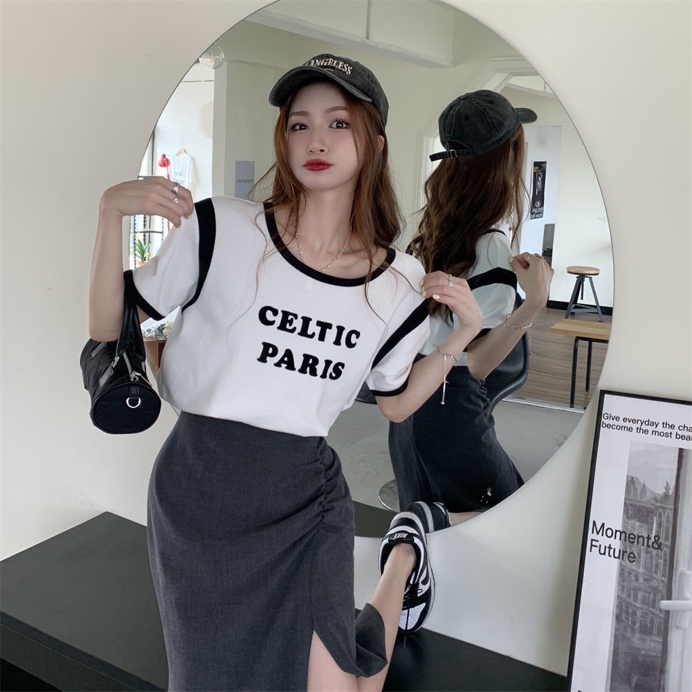 Bộ Áo Thun Ngắn Tay Ghép Màu Phối Chân Váy Dài Trung Bình Thời Trang Mùa Hè Cho Nữ