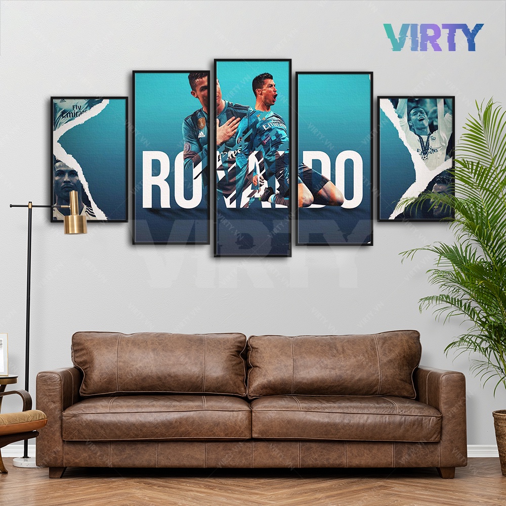 Bộ 5 Tranh treo tường cầu thủ bóng đá RONALDO kèm khung composite VIRTY Tranh Canvas decor phòng ngủ, phòng làm việc