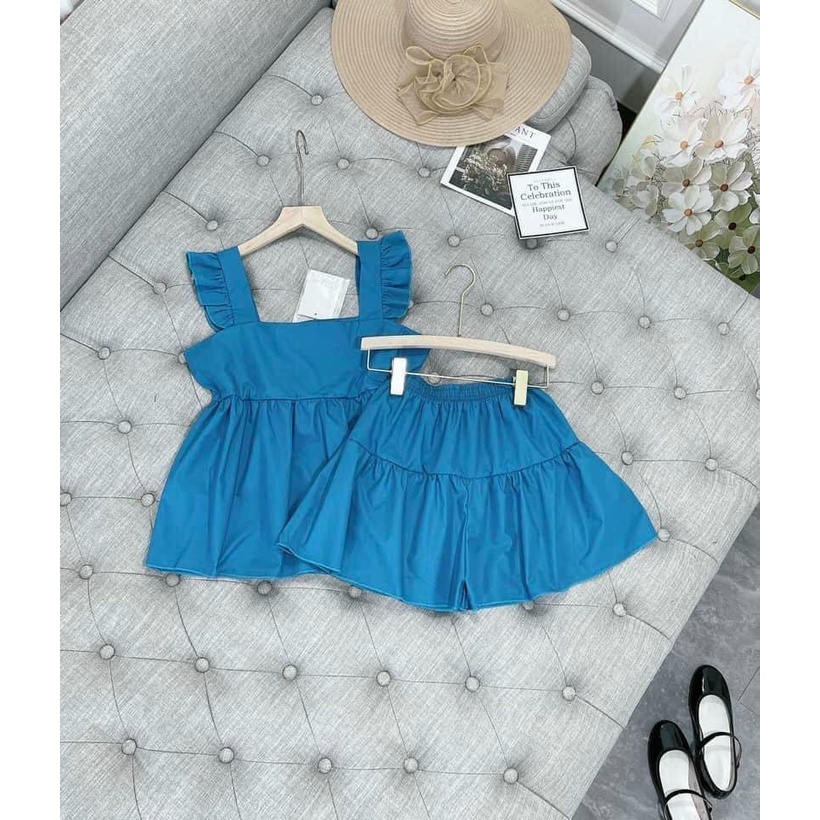 Set Áo Đũi Tay Cánh Tiên Cổ Vuông Kèm Quần Sooc Cạp Chun Đuôi Cá Siêu Mát
