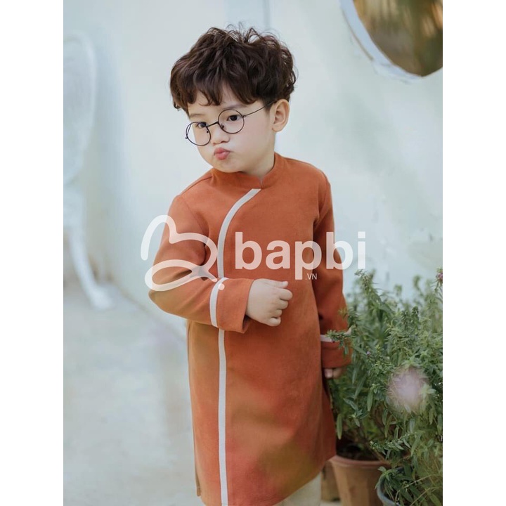 Set Áo Dài Cách Tân Cho Bé Trai Bé Gái Họa Tiết Hoa Nhí Màu Cam Đất Size Từ 8-28kg