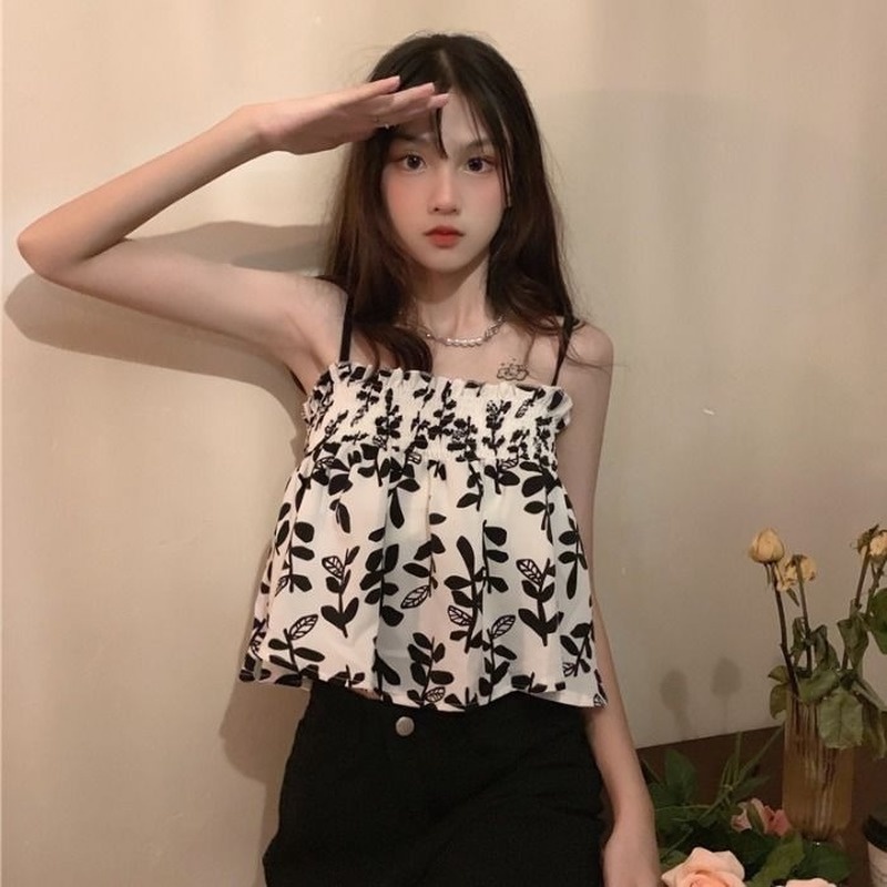 Áo Cardigan Hai Dây Mỏng Dáng Ngắn Màu Đen In Hoa Thời Trang Xuân Trẻ Trung