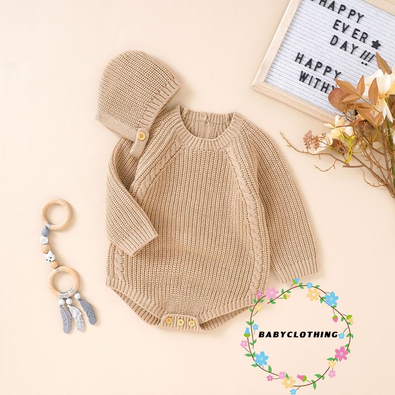 Set Áo Liền Quần Dài Tay Cổ Tròn + Mũ Cho Bé Gái