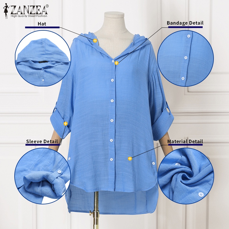 ZANZEA Áo Kiểu Dài Tay Có Mũ Trùm Đầu Phối Nút Xẻ Tà Thời Trang Cho Nữ