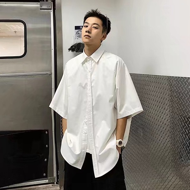Áo sơ mi tay ngắn dáng rộng màu sắc đơn giản trẻ trung phong cách Hàn Quốc cho nam