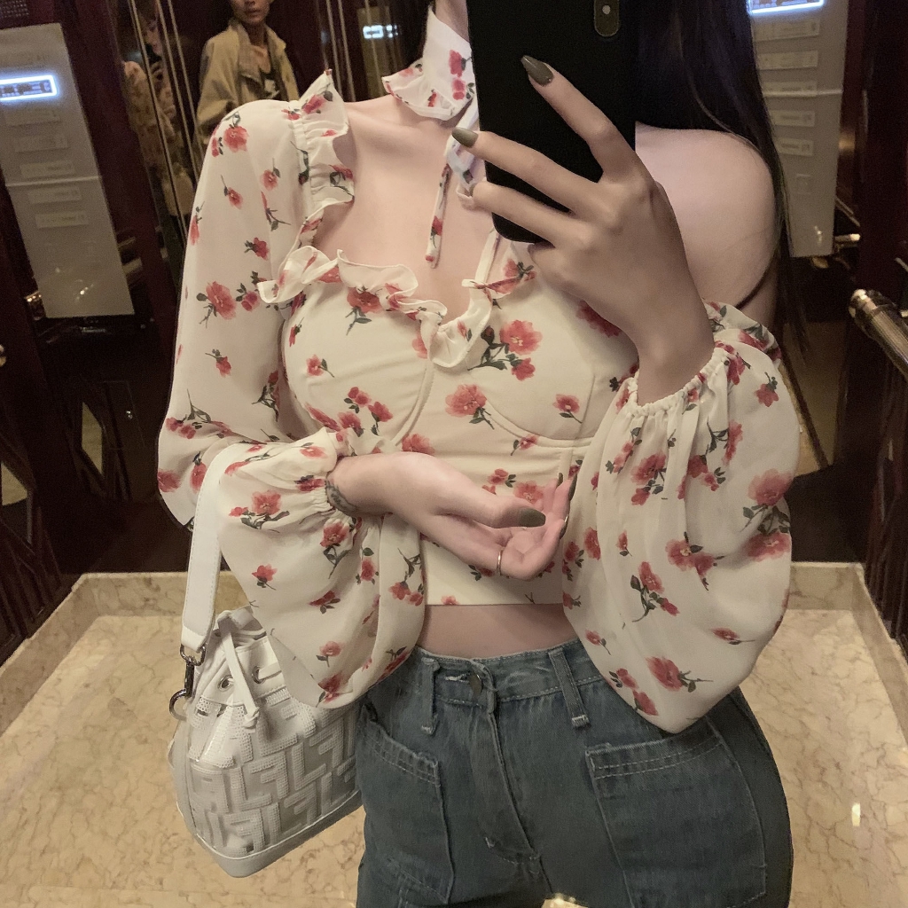 Áo Sơ Mi Croptop Tay Dài In Hoa Kiểu Hàn Quốc Xinh Xắn Cho Nữ