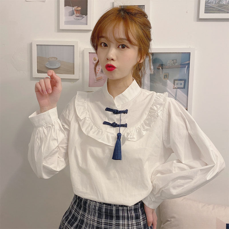 Áo Sơ Mi Dài Tay Cổ Đứng Phối Nút Thời Trang Cho Nữ