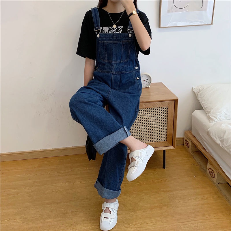 Quần yếm denim ống rộng phong cách Hàn Quốc thời trang cho nữ