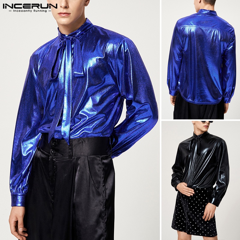 INCERUN Áo Sơ Mi Dài Tay Thắt Dây Họa Tiết Bướm Ánh Kim Sáng Bóng Cho Nam