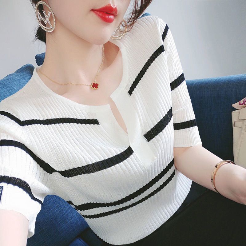 Áo Thun Dệt Kim Mỏng Tay Ngắn Dáng Rộng Cổ Chữ V Thời Trang Mùa Hè Mới Cho Nữ