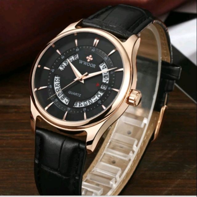 Đồng hồ nam Wwoor dây da mặt tròn có lịch độc đáo chống nước chính hãng Tony Watch 68