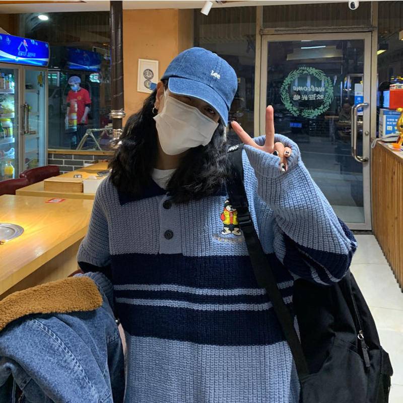 Áo Sweater Dệt Kim Cổ Polo Kẻ Sọc Xanh Dương In Họa Tiết Hoạt Hình Dày Dặn Ấm Áp