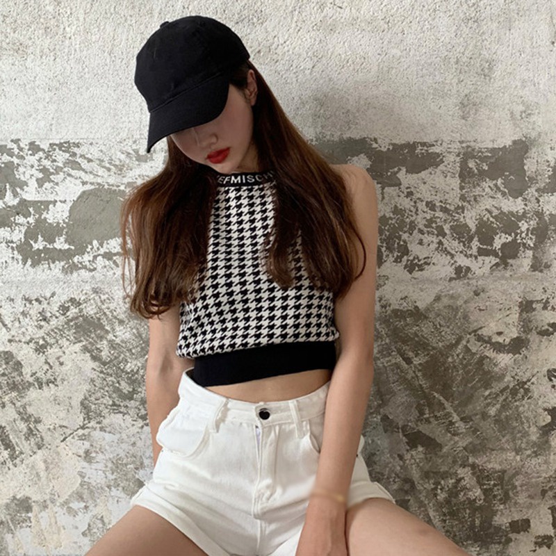 Áo croptop dệt kim không tay trọng lượng nhẹ phong cách preppy cho nữ