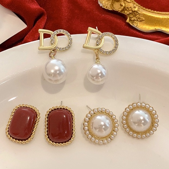 Bông Tai ĐíNh NgọC Trai Giả MàU Đỏ ThờI Trang