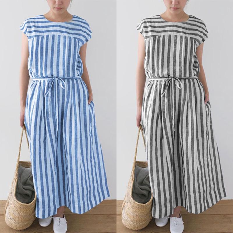 Đầm chất Linen hoạ tiết kẻ sọc thiết kế cổ tròn thanh lịch