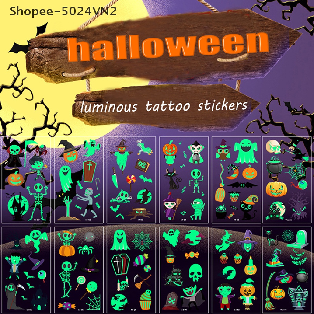 Set 10 Hình Xăm Dán Dạ Quang Chống Nước Chủ Đề Halloween