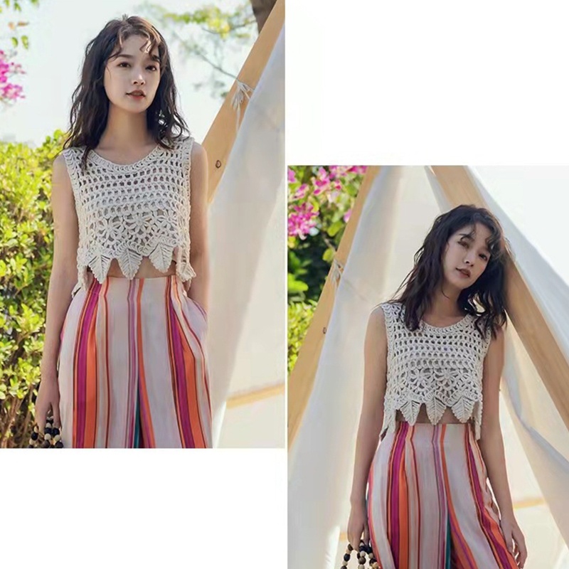 Áo Croptop Dệt Kim Không Tay In Họa Tiết Lá Rỗng Dành Cho Nữ