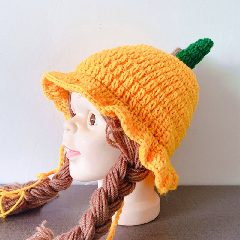 Mũ Beanie Dệt Kim Đính Tóc Giả Thắt Bím Dễ Thương Cho Bé Gái