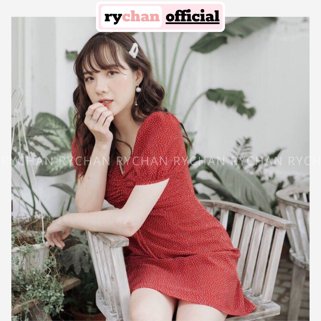 DX668 - Đầm Xòe Bi Đỏ Rút Dây Ngực