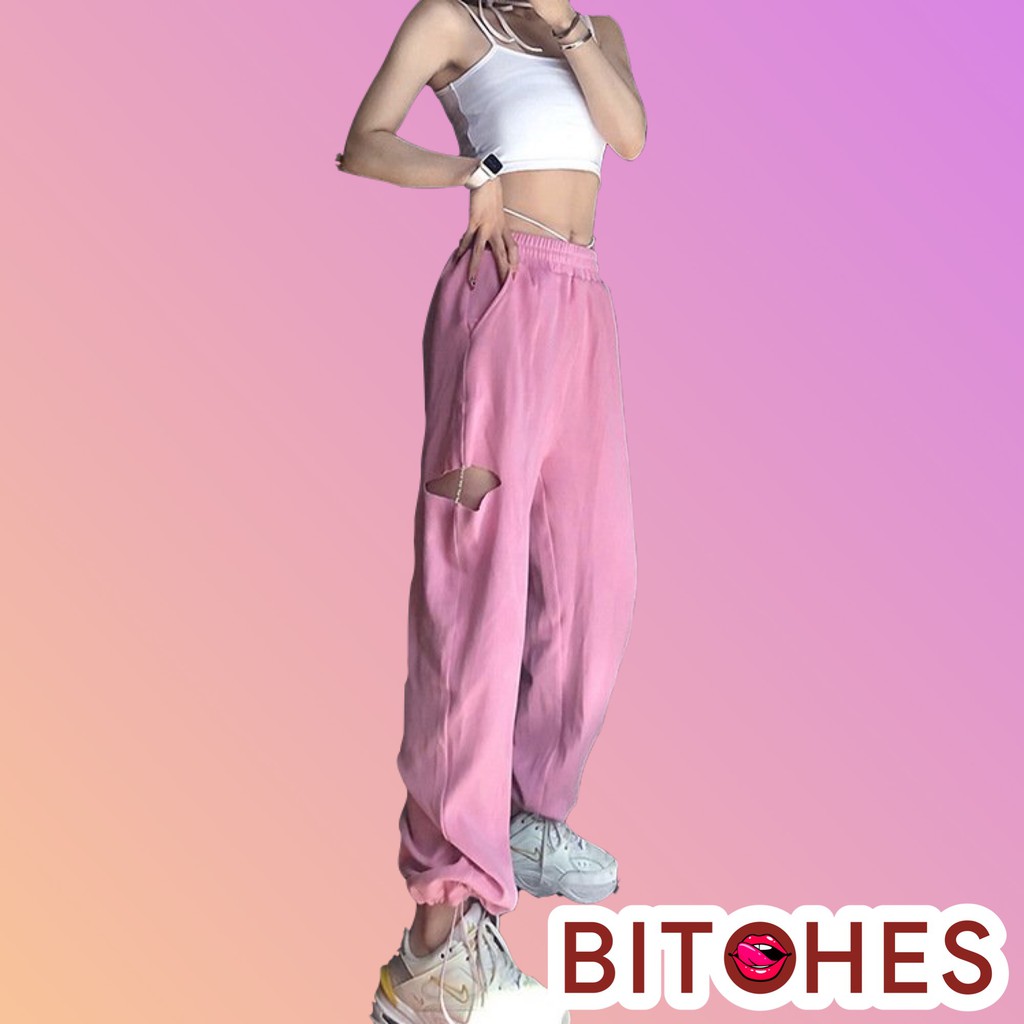 Quần jogger thun xẻ bên dây rút chân hồng phong cách năng động-BITCHES