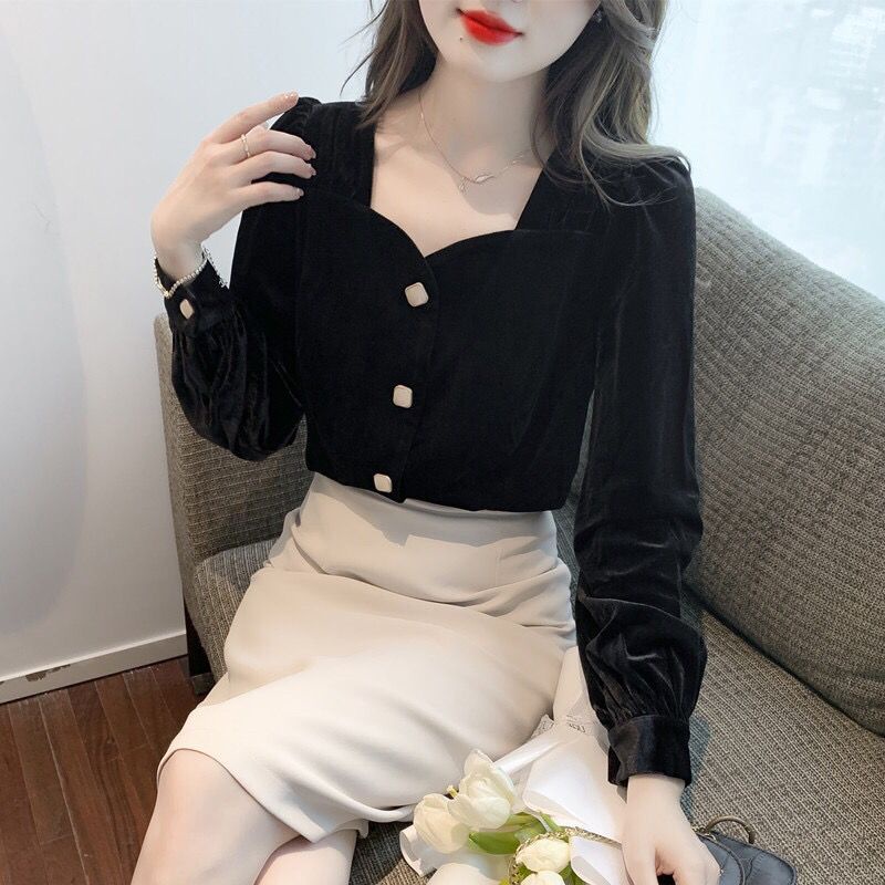 Áo Nhung Tay Dài Cổ Vuông Thời Trang Mùa Thu Cho Nữ