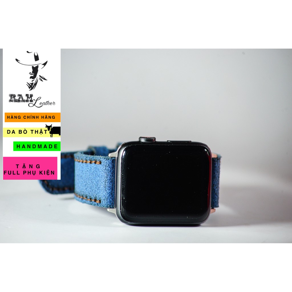 Dây đồng hồ Apple Watch , Iwatch , Iphone Watch Da Bò Lộn Xanh Coban RAM Leather Classic 1963  Bền Đẹp