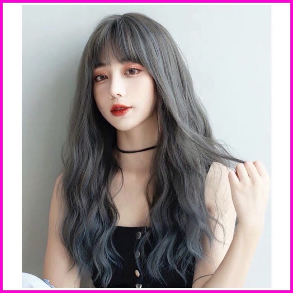 Tóc giả nữ cao cấp nguyên đầu xù omber khói xanh xu hướng 2021