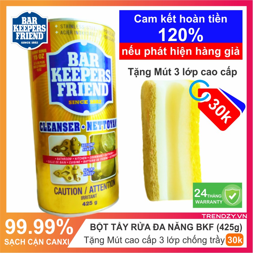 [BKF + Quà] Bột tẩy rửa đa năng BKF + Mút tẩy rửa 3 lớp cao cấp | Làm sạch kính nhà tắm | Hộp 425g | Nhập khẩu USA