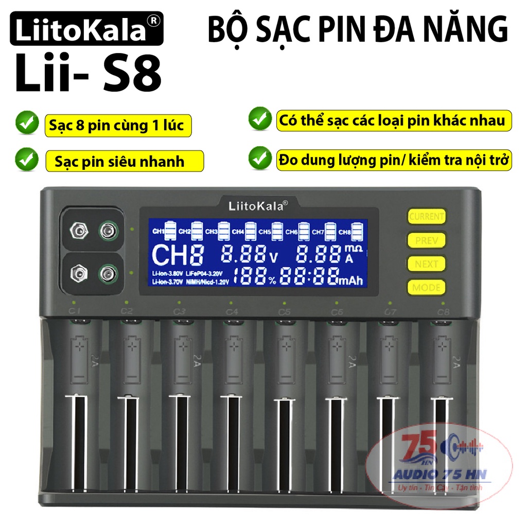 Bộ sạc pin Liitokala Lii-S8 cao cấp Charger Li-ion 3.7V NiMH 1.2V Li-FePO4 3.2V IMR 3.8V sạc pin 18650 26650 21700 26700
