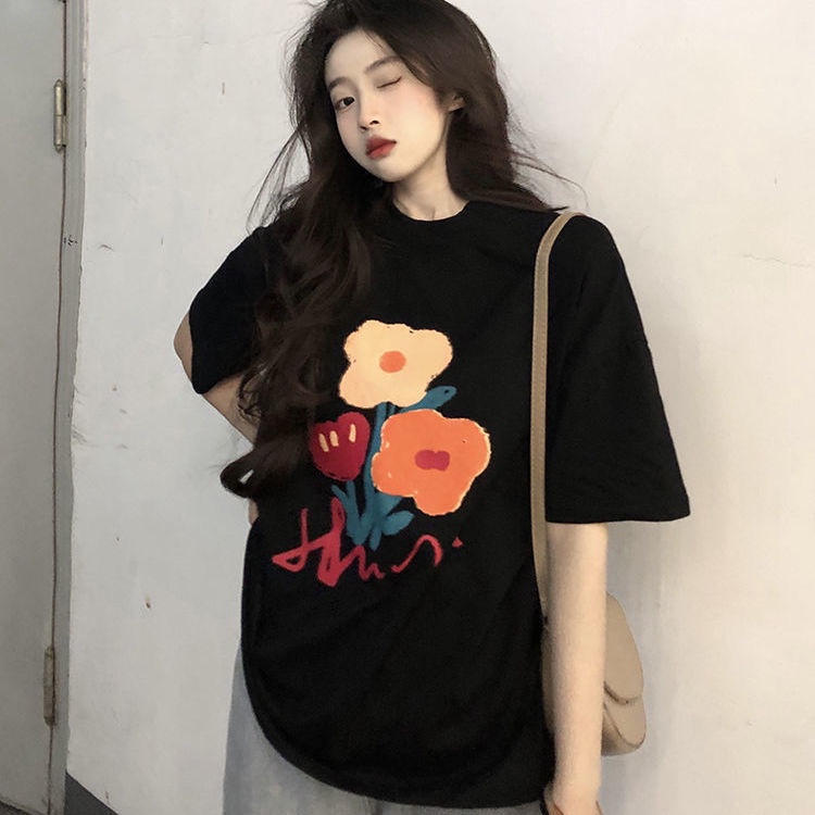 Áo Thun Tay Ngắn Dáng Rộng Màu Đen In Họa Tiết Graffiti Thời Trang Mùa Hè Dành Cho Nữ