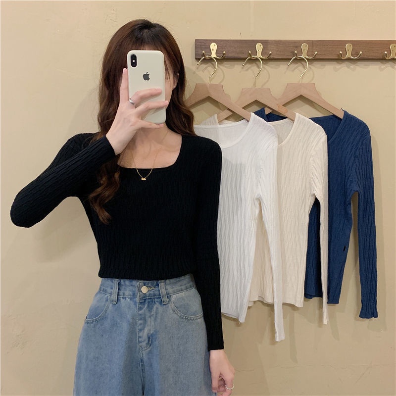 Áo dệt kim cổ vuông tay dài phong cách thời trang thu đông cho nữ