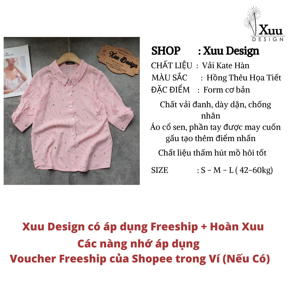 Áo sơ mi nữ công sở Xuu Design, Áo sơ mi nữ tay ngắn kẻ cổ sen chất vải đẹp [BS11 caro Hồng]