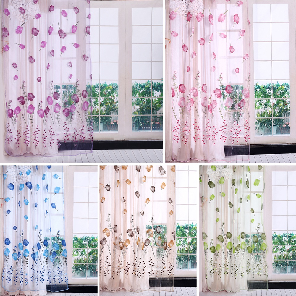 Rèm cửa vải voile họa tiết hoa tulip dùng cho trang trí xinh xắn 100x200 cm