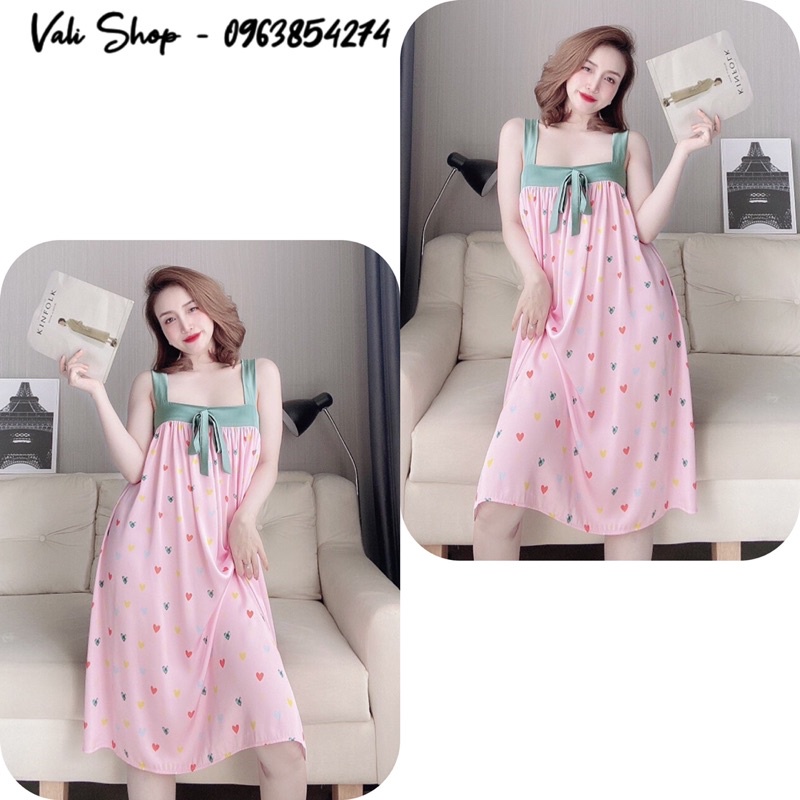 Váy ngủ lụa latin 2 dây xoè hoạ tiết freesize 42-60kg