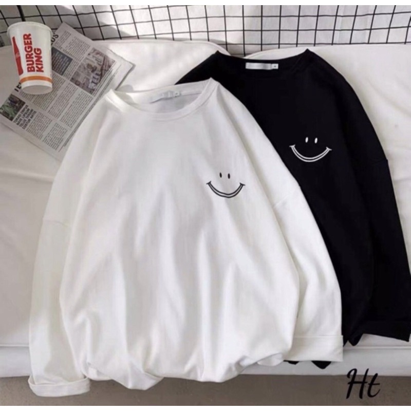 Áo Thun Dài Tay Cổ Tròn Họa Tiết Hình Mặt Cười Phong Cách Trẻ Trung Thời Trang Minishop Unisex Nam Nữ