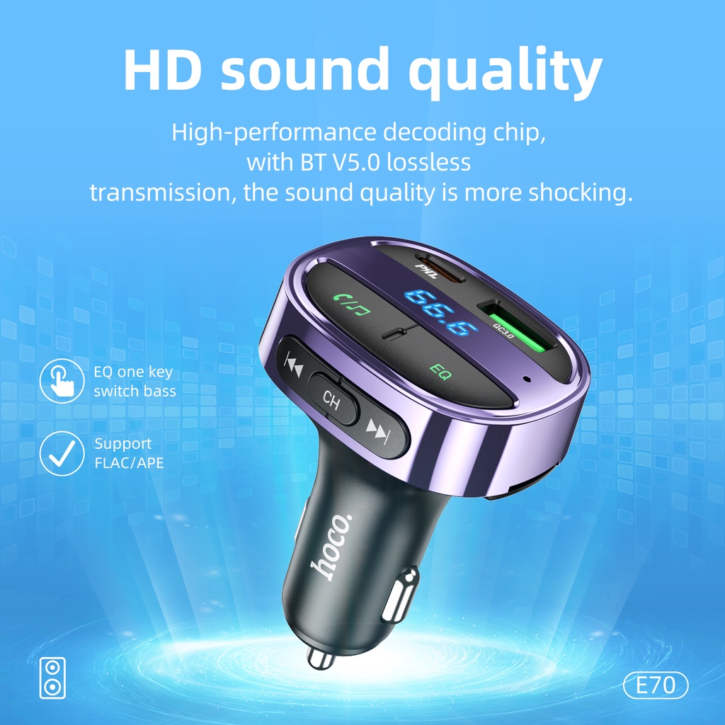 Bộ sạc xe hơi HOCO. E70 Bluetooth 5.0 không dây màn hình LCD QC3.0 PD30W thiết kế hỗ trợ nghe nhạc MP3 thẻ TF U disk AUX