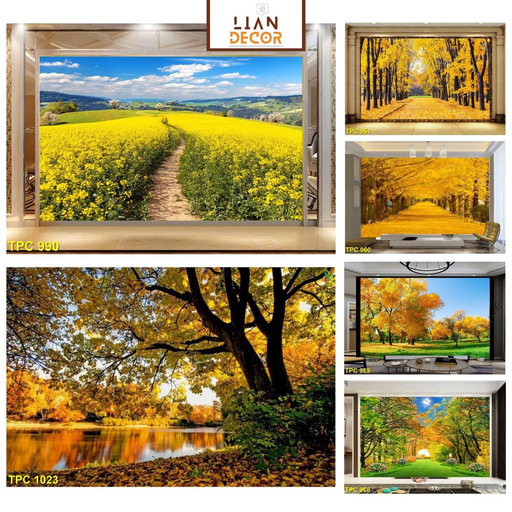 Tranh phong cảnh đẹp, tranh dán tường 3D mùa thu, mẫu ngang