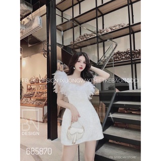 Đầm gấm trắng phối lông 2 vai 190722