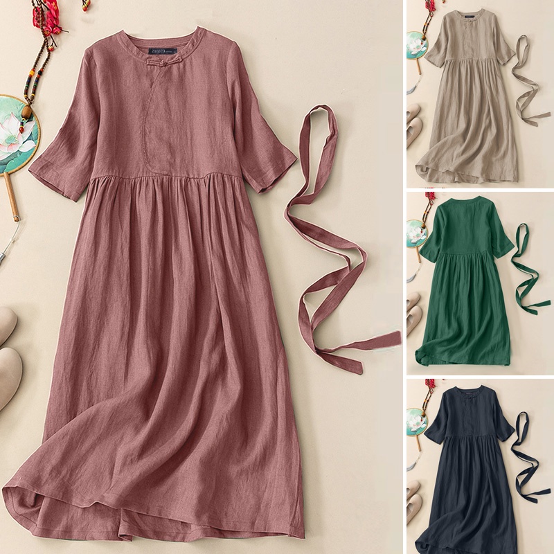 Đầm ZANZEA tay lửng cổ tròn màu trơn phong cách đơn giản thời trang cho nữ