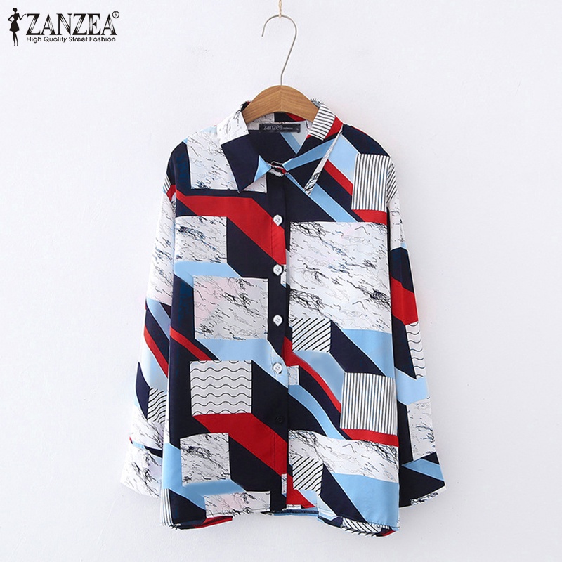 Zanzea Áo Sơ Mi Tay Dài Cổ Bẻ In Họa Tiết Hình Học Màu Tương Phản Thời Trang Cho Nữ