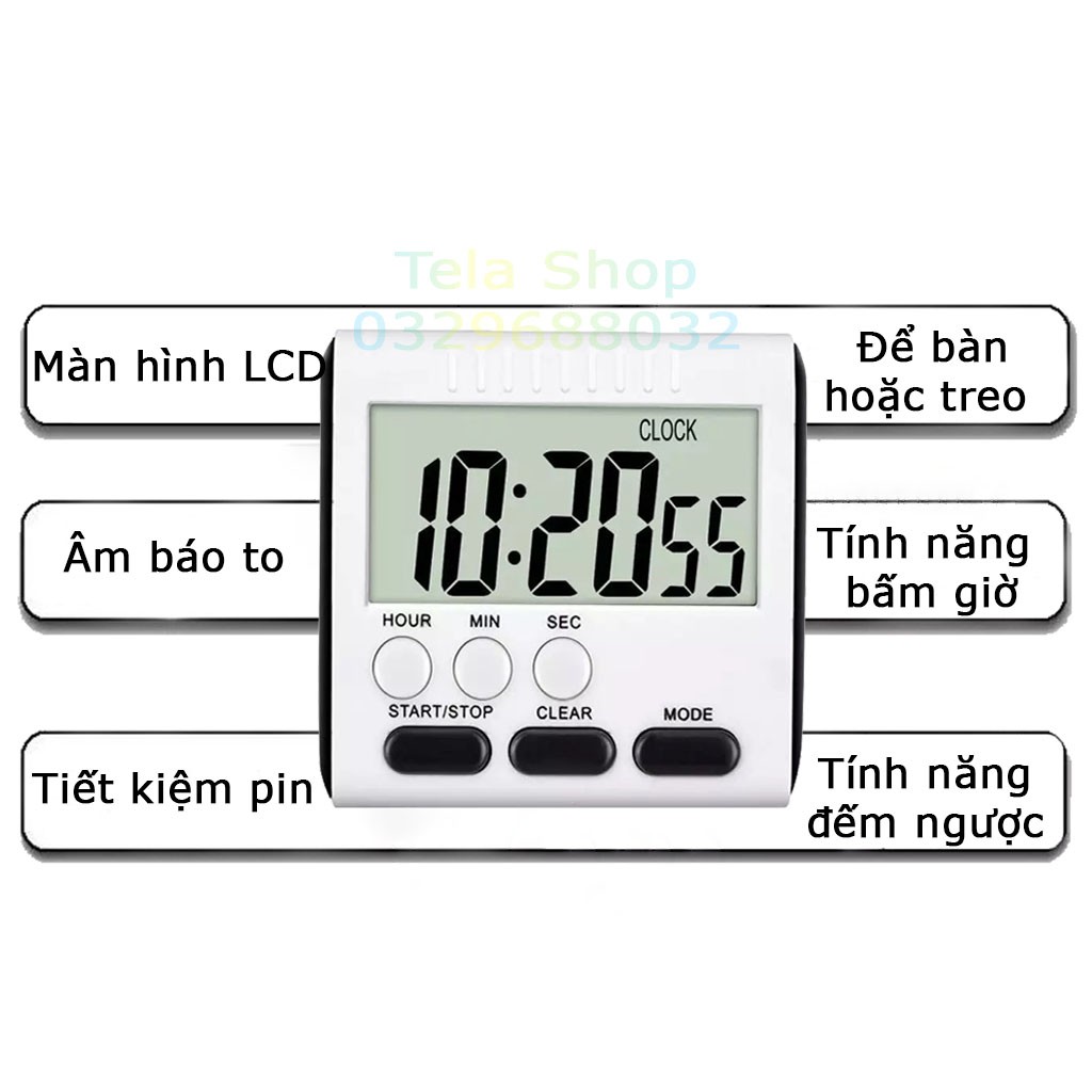 Đồng hồ bấm giờ học tập tính năng đếm ngược báo thức hẹn giờ âm báo to Tela Shop