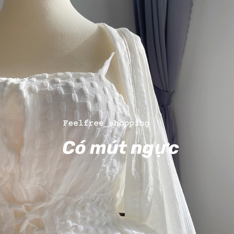 Set Áo Khoác + Váy Trắng 2 Dây Kèm Mút Ngực Thắt Eo 3 Tầng Mặc Đi Tiệc Đi Chơi S018