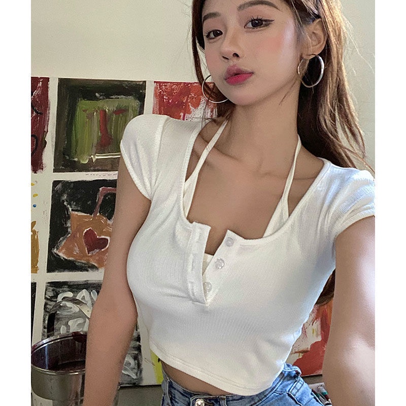 Happy-store ❤️ Áo croptop nữ kiểu hàn quốc cổ yếm 2 lớp HappyStore, áo phông crt ôm body cài khuy cotton 100% màu đen tr