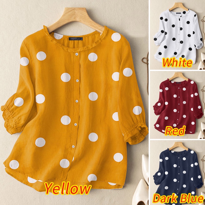 ZANZEA Áo Sơ Mi Tay Lửng 3 / 4 Họa Tiết Chấm Bi Thời Trang Cho Nữ
