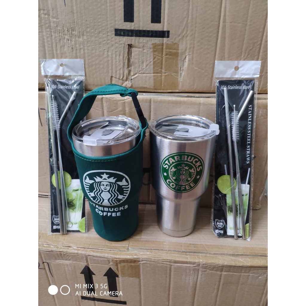 Cốc Giữ Nhiệt Logo Starbuck 900ml , Tặng Kèm Ống Hút, Thanh Cọ Rửa Và Túi Đựng - Tiện Lợi Cho Mang Xách