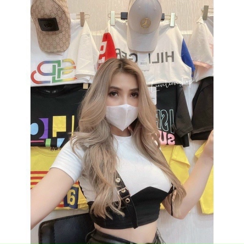 Áo thun croptop thun borip phối dây đai cá tính