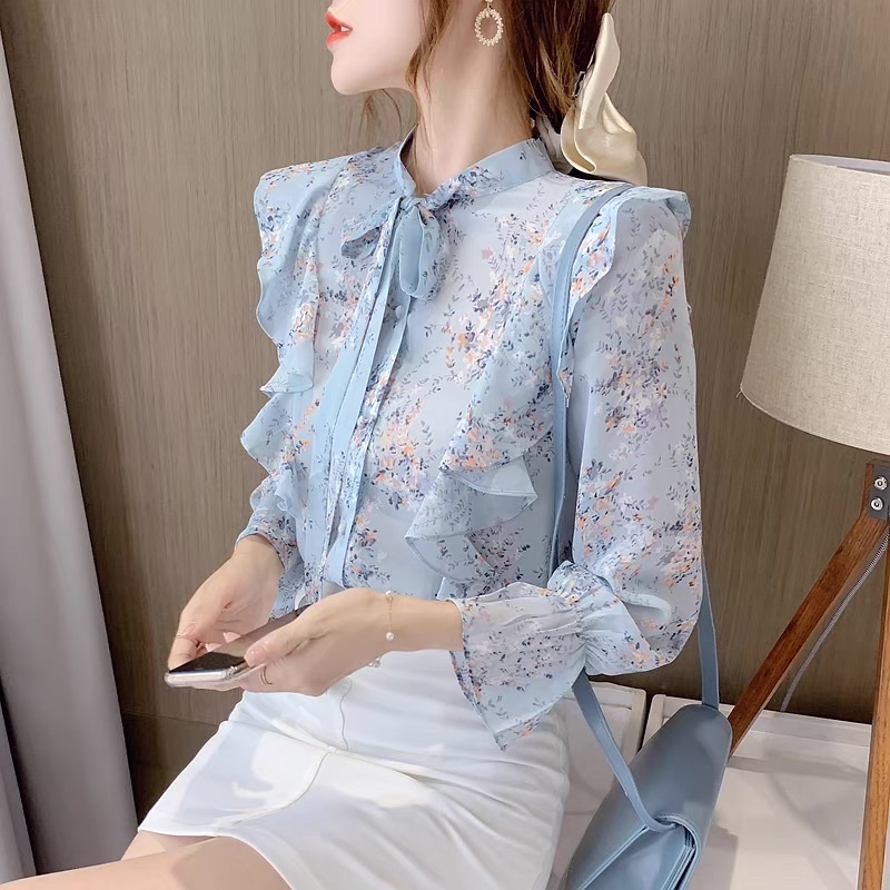 Áo sơ mi nữ cao cấp, hoạ tiết hoa nhí, phối nơ thanh lịch, trẻ trung NV0936