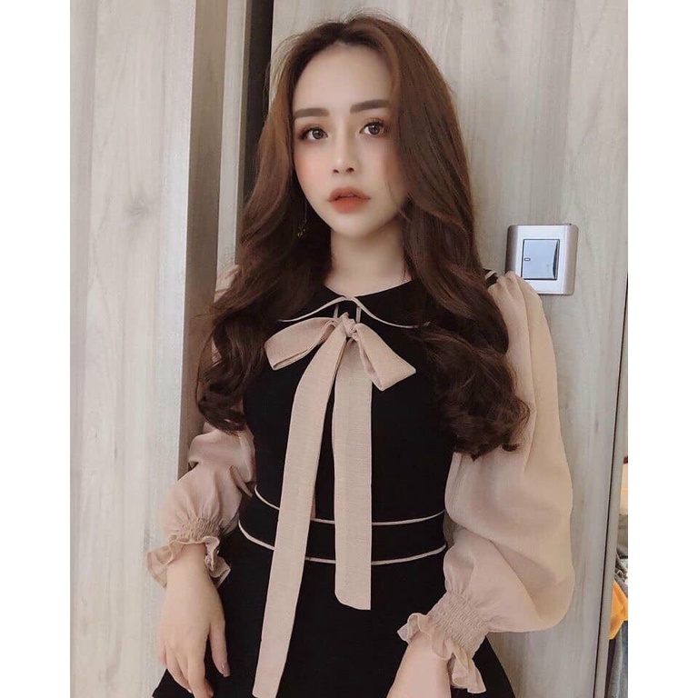 đầm vol lụa tầng phối nơ cổ tay dài